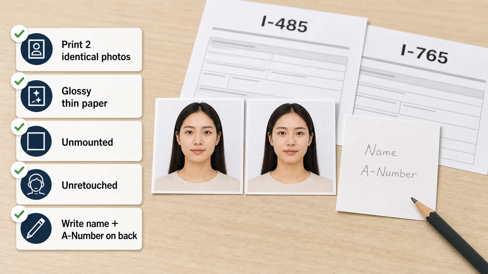 USCIS I-485 and I-765 photo filing checklist with two identical glossy unretouched photos and name A-Number on back