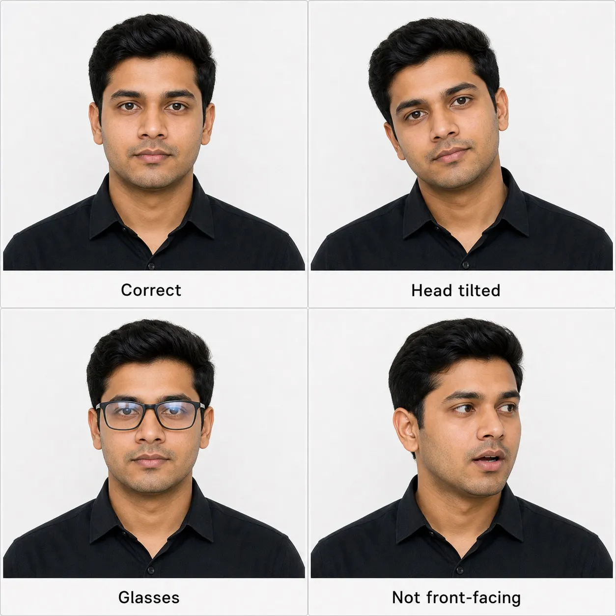 India visa photo pose examples showing correct front-facing photo and common mistakes