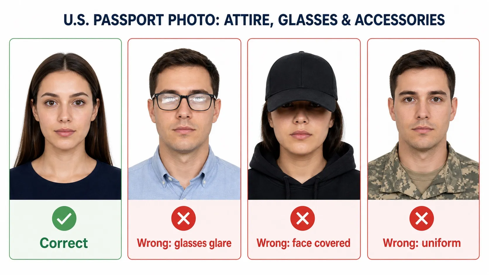 Correct and incorrect U.S. passport photo clothing, glasses, and accessories examples