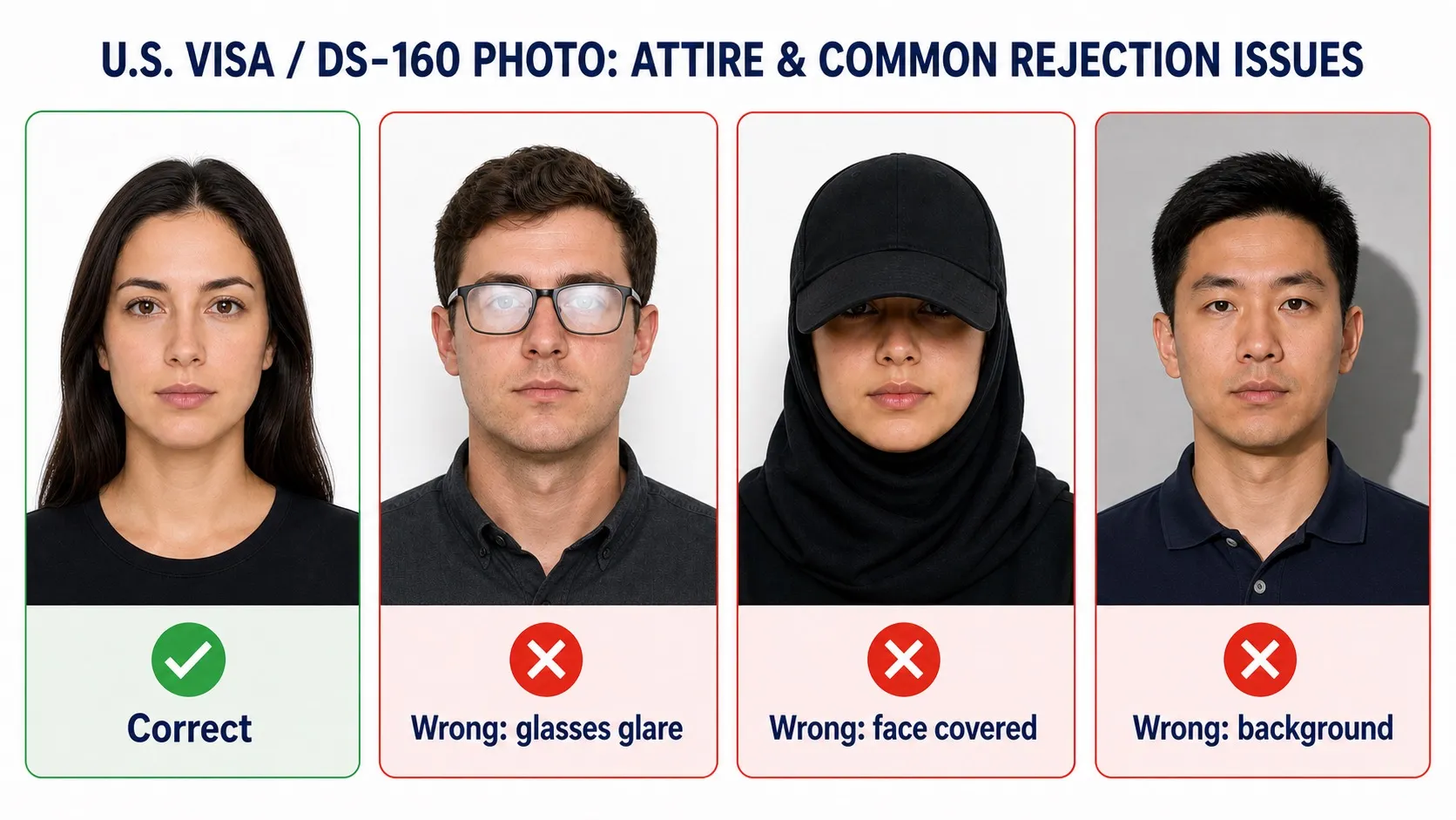 Common U.S. visa photo mistakes including glasses glare, face covering, and background shadow