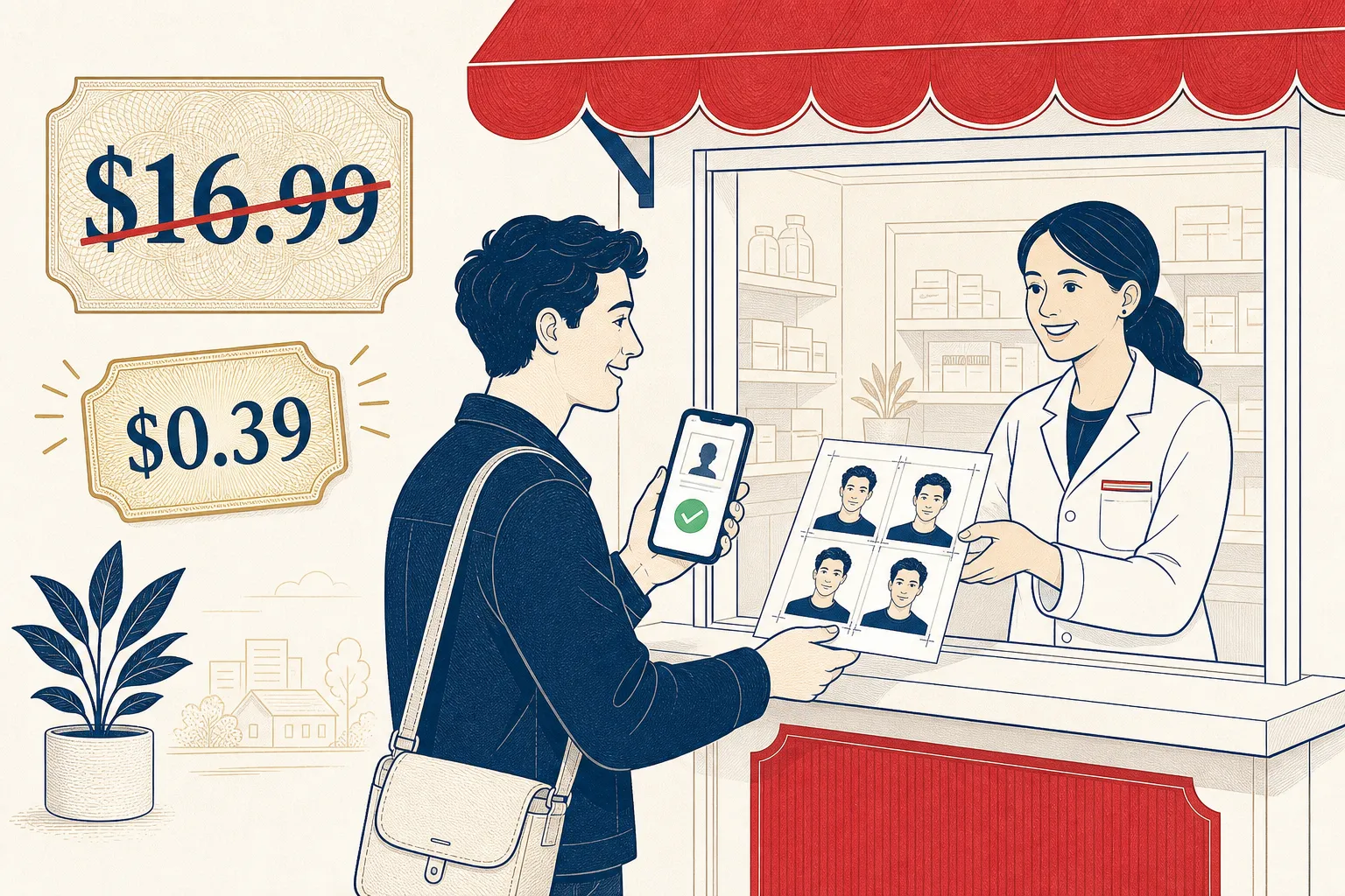 Picking up a 4×6 print sheet with four passport photos at a pharmacy photo counter, $16.99 crossed out in favor of $0.39